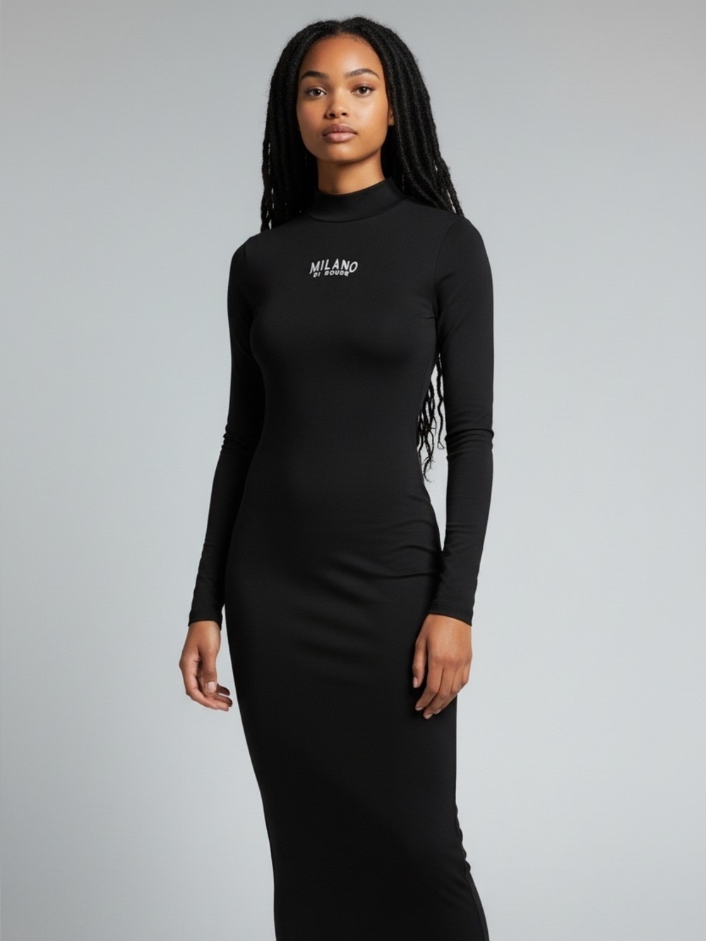 Milano Black Long Sleeve Mock-Neck Bodycon Maxi Dress